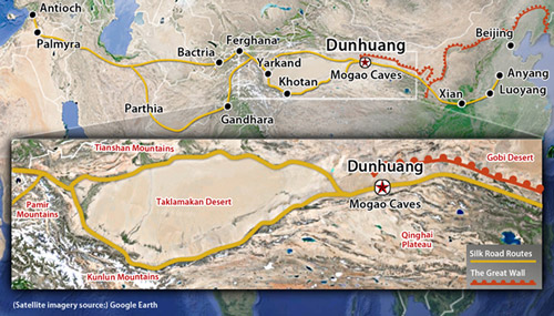 Map showing route of the ancient silk road with site of the Dunhuang Mogao Caves
